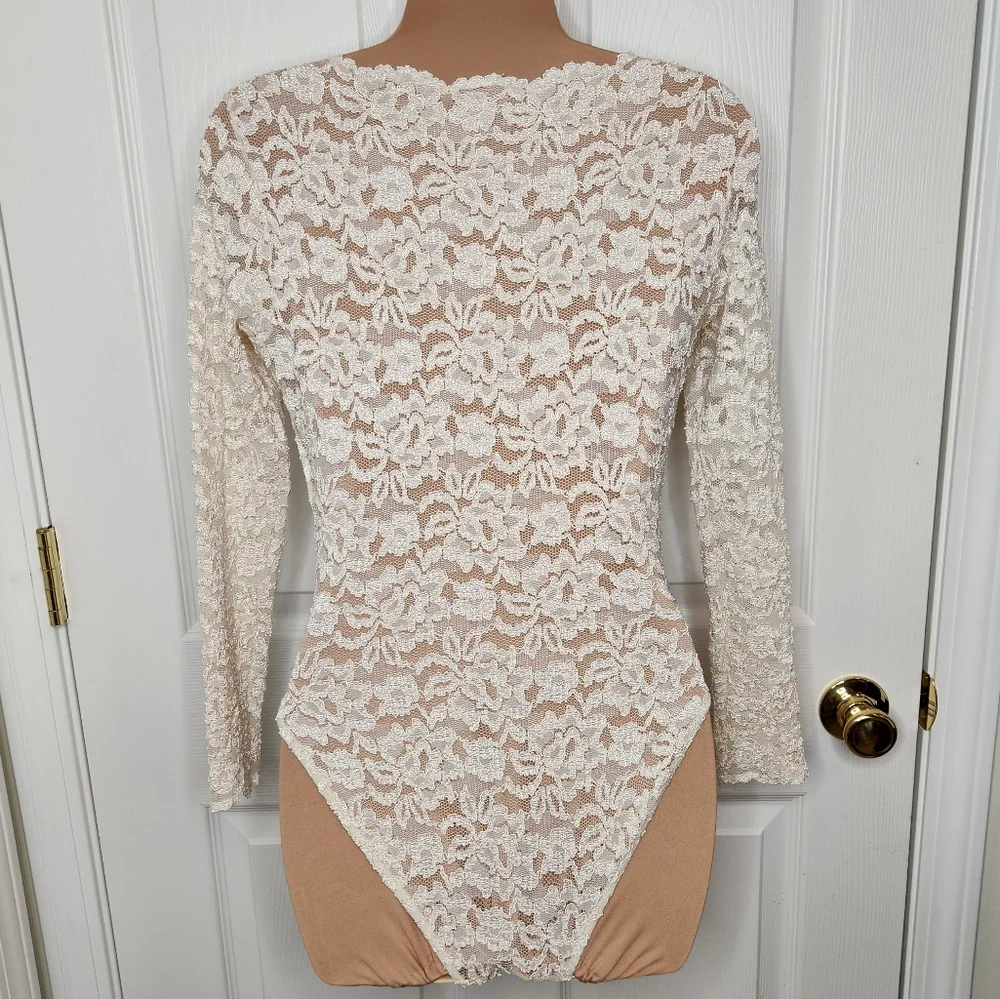 Vintage Victoria's Secret Lace Body Suit Long Sleeve Ivory White USA Size Small